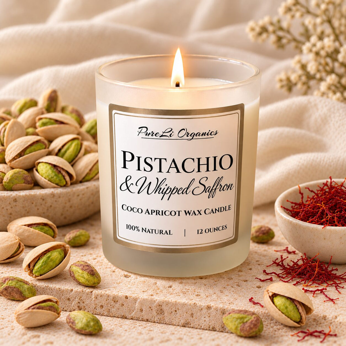 Pistachio and Whipped Saffron coco apricot wax candle